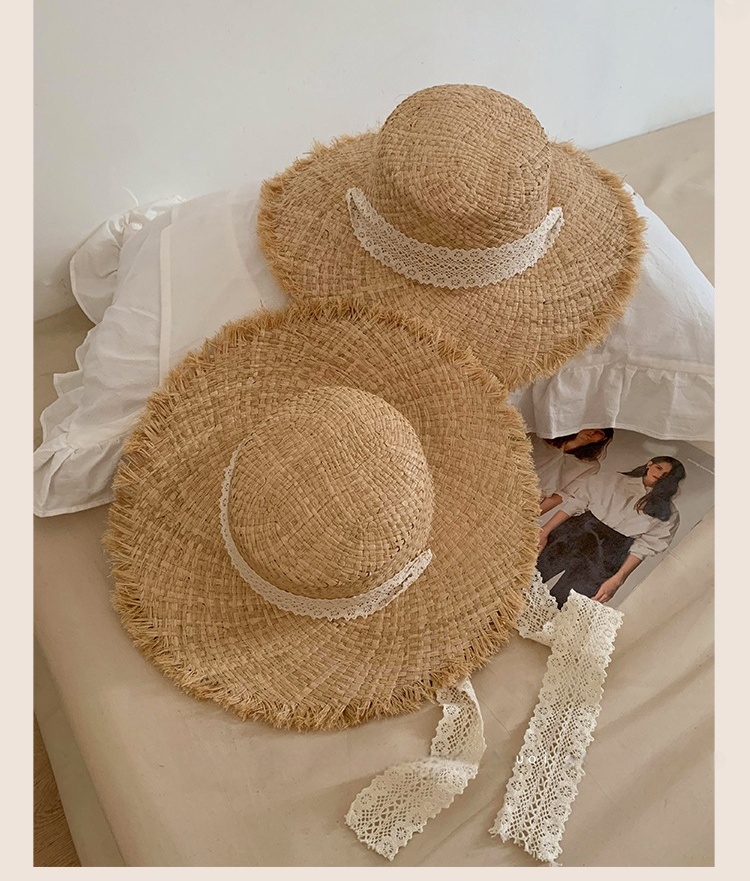 Straw Sun Hat with Lace Trim Wide Brim Beach Hat for women